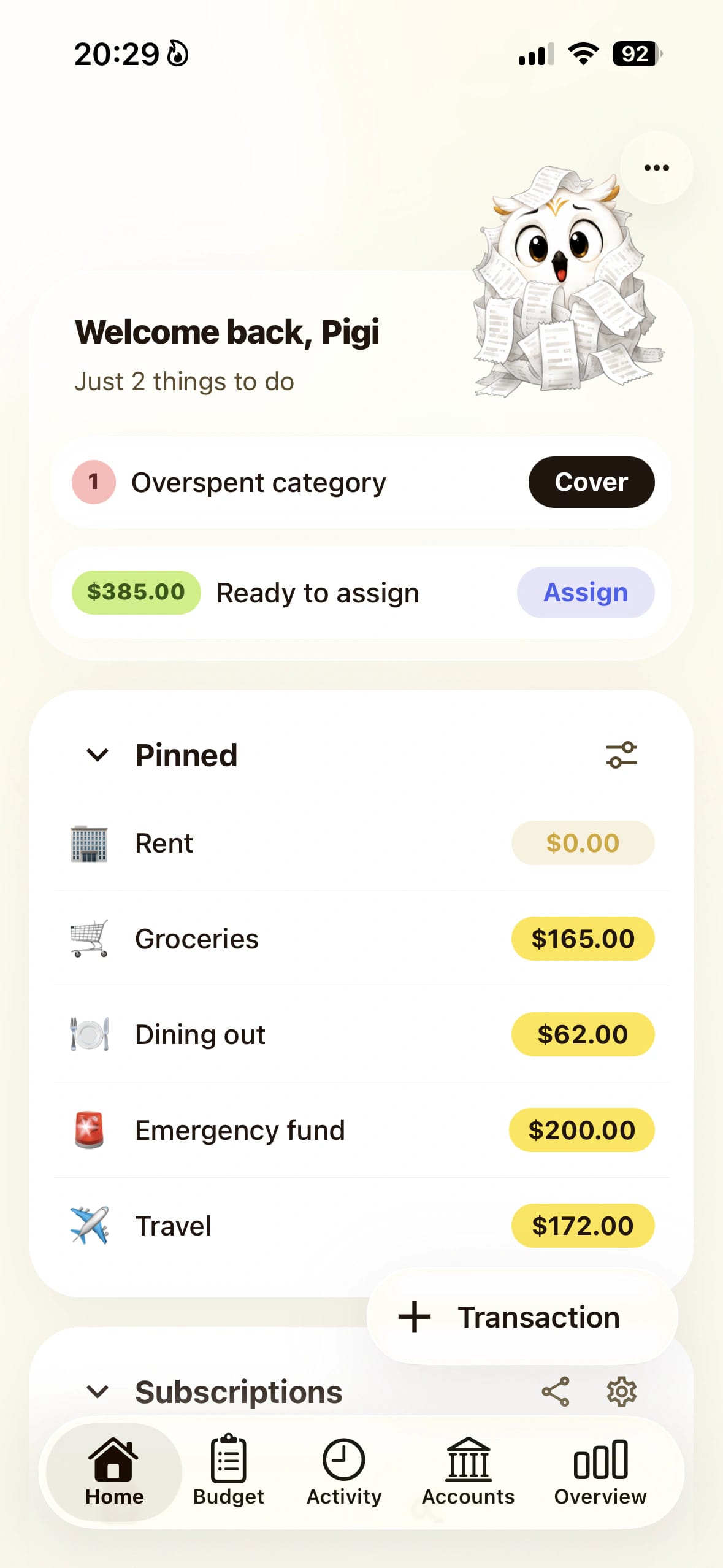 Pigi monthly plan screen